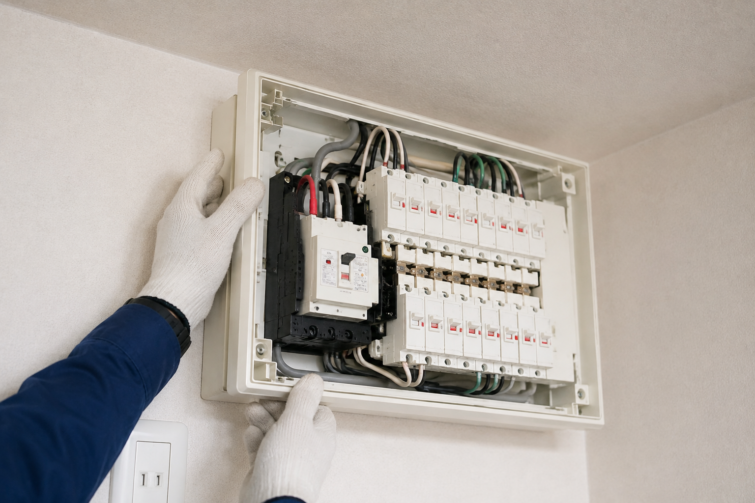 漏電ブレーカー付きの新しい分電盤へ交換する作業